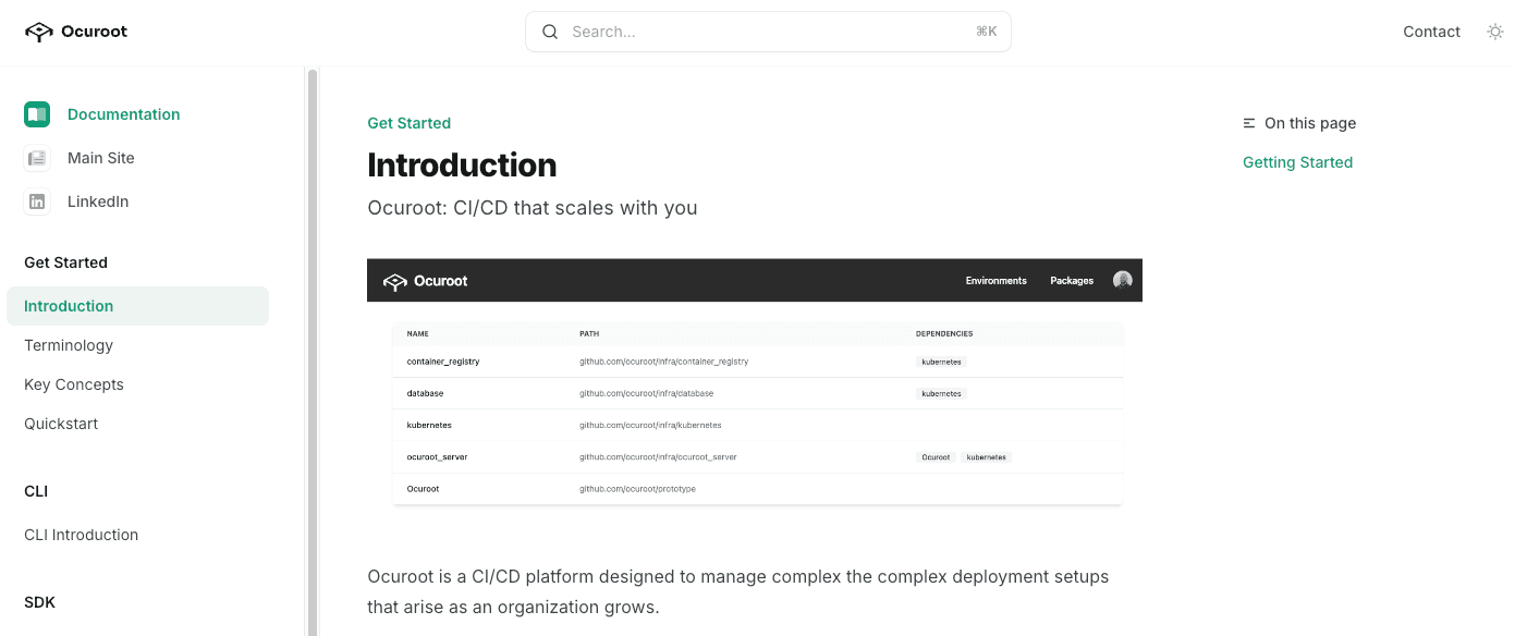 Screenshot of Ocuroot documentation site, showing the introduction page.